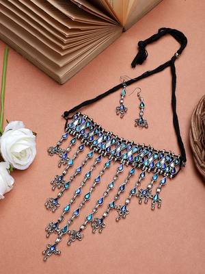 Oxiidzed silver color blue stone choker necklace set 1