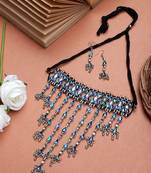 Oxiidzed silver color blue stone choker necklace set