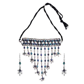 Oxiidzed silver color blue stone choker necklace set 2