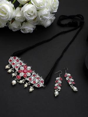 Oxidized silver color red & white stone choker necklace set 1