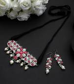 Oxidized silver color red & white stone choker necklace set