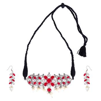 Oxidized silver color red & white stone choker necklace set 2