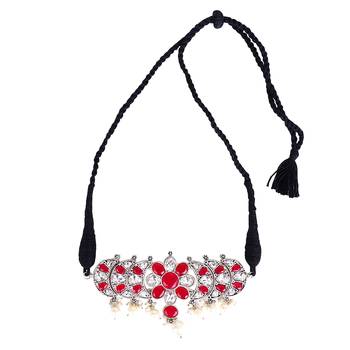 Oxidized silver color red & white stone choker necklace set 3