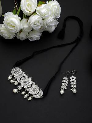 Oxidized silver color  white stone choker necklace set 1