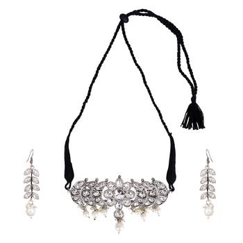 Oxidized silver color  white stone choker necklace set 2