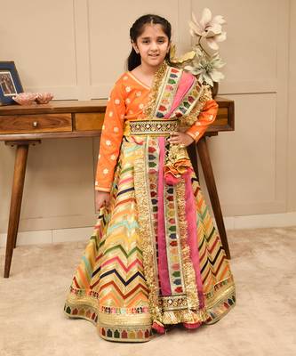 Orange elegance embroidered lehenga & silk choli set 1