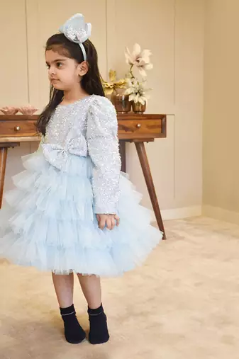 Blue embroidered net frock