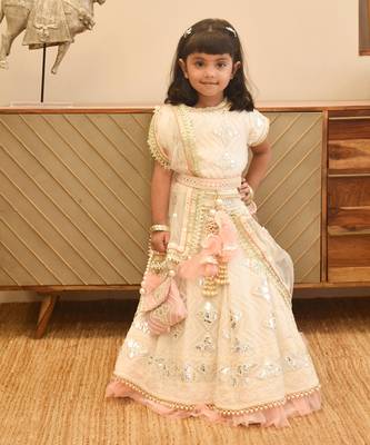Off white thread and gota embroidery lehenga choli peach frll 1