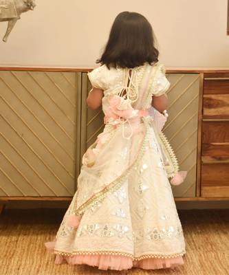 Off white thread and gota embroidery lehenga choli peach frll 2