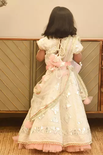 Off white thread and gota embroidery lehenga choli peach frll