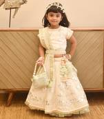 Off white thread and gota embroidery lehenga choli with green frll