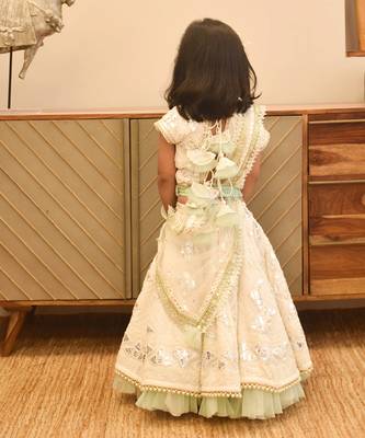 Off white thread and gota embroidery lehenga choli with green frll 2