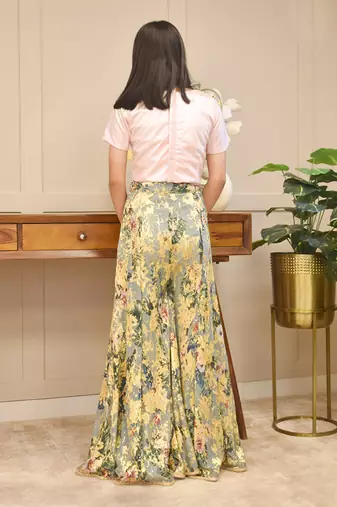 Baby pink crop top with printed pant