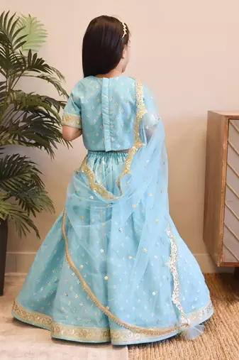 Blue chanderi choli with lehenga