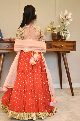 Red crinkle lehenga set
