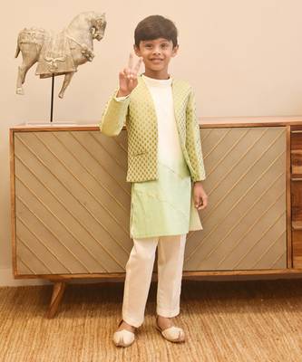 Pista green brocade jacket with kurta and pant 1