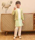 Pista green brocade jacket with kurta and pant