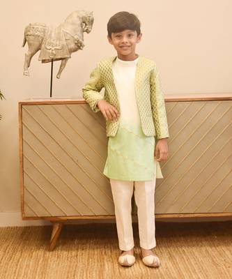 Pista green brocade jacket with kurta and pant 2