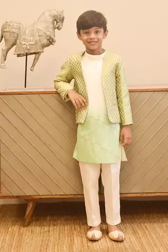 Pista green brocade jacket with kurta and pant