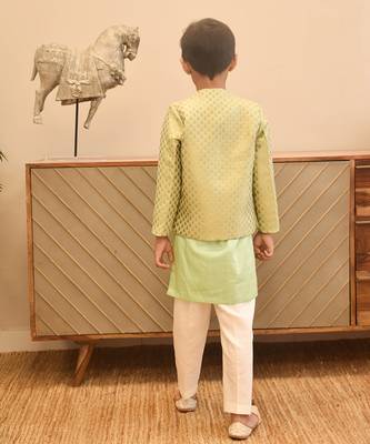 Pista green brocade jacket with kurta and pant 3