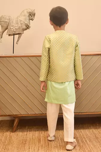 Pista green brocade jacket with kurta and pant
