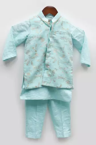 Blue embroidered nehru jacket set