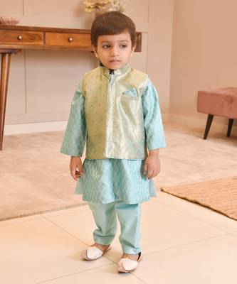 Blue brocade nehru jacket set 1