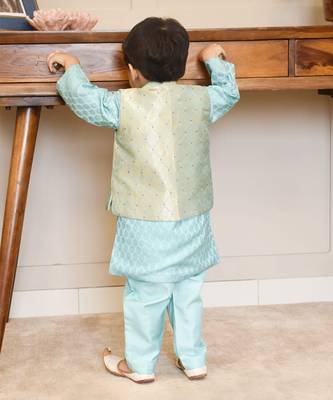 Blue brocade nehru jacket set 2