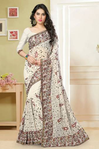 White Multi Resham Embroidery Georgette Saree