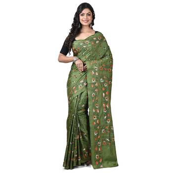 Aishani Collection Hand Embroidery Silk Kantha Stitch Handloom Saree with bp (Pesta Green) 1