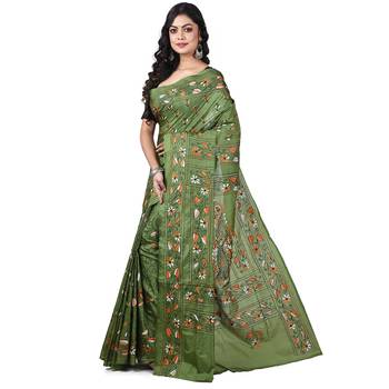 Aishani Collection Hand Embroidery Silk Kantha Stitch Handloom Saree with bp (Pesta Green) 2