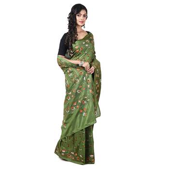 Aishani Collection Hand Embroidery Silk Kantha Stitch Handloom Saree with bp (Pesta Green) 3