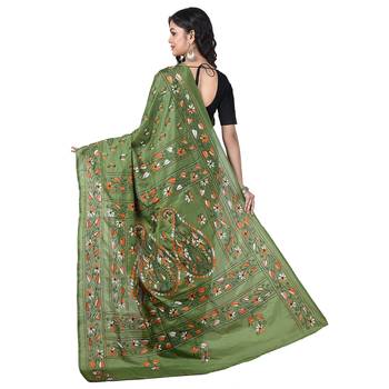 Aishani Collection Hand Embroidery Silk Kantha Stitch Handloom Saree with bp (Pesta Green) 4