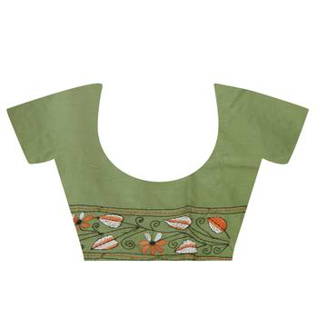 Aishani Collection Hand Embroidery Silk Kantha Stitch Handloom Saree with bp (Pesta Green) 5