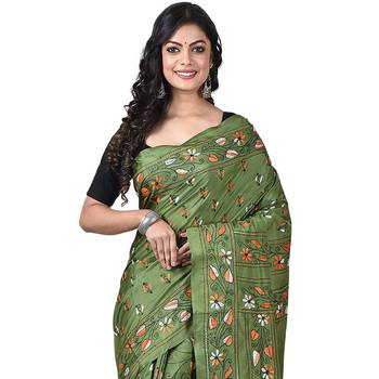 Aishani Collection Hand Embroidery Silk Kantha Stitch Handloom Saree with bp (Pesta Green) 6