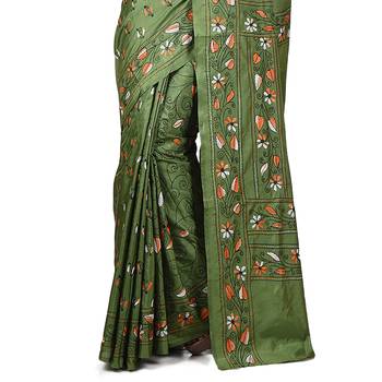 Aishani Collection Hand Embroidery Silk Kantha Stitch Handloom Saree with bp (Pesta Green) 7