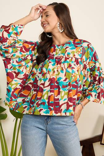 Winered women multi-colored abstract print flared top