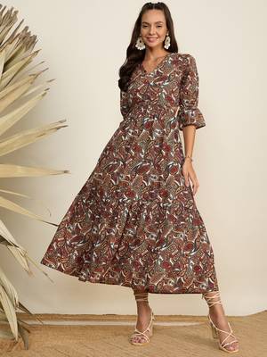 Winered women brown paisley print waist cut out midi dress 1