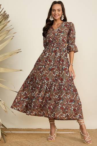 Winered women brown paisley print waist cut out midi dress