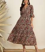 Winered women brown paisley print waist cut out midi dress