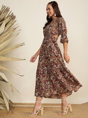 Winered women brown paisley print waist cut out midi dress 4