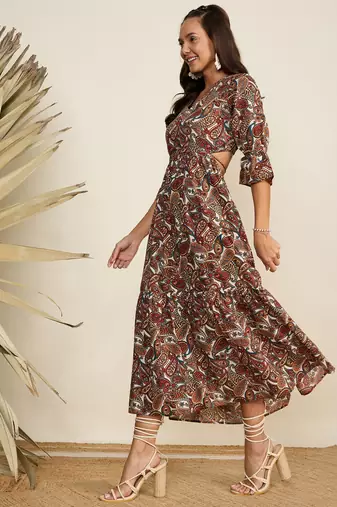 Winered women brown paisley print waist cut out midi dress
