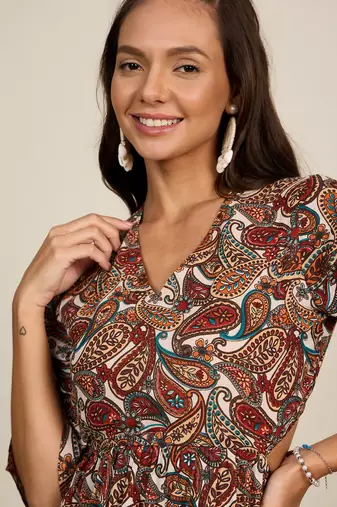 Winered women brown paisley print waist cut out midi dress