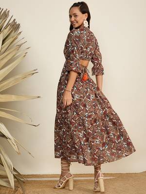 Winered women brown paisley print waist cut out midi dress 6