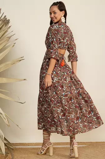Winered women brown paisley print waist cut out midi dress