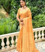 Yellow Beautiful Bollywood Style Lucknowi Chikankari Weaving Saree,