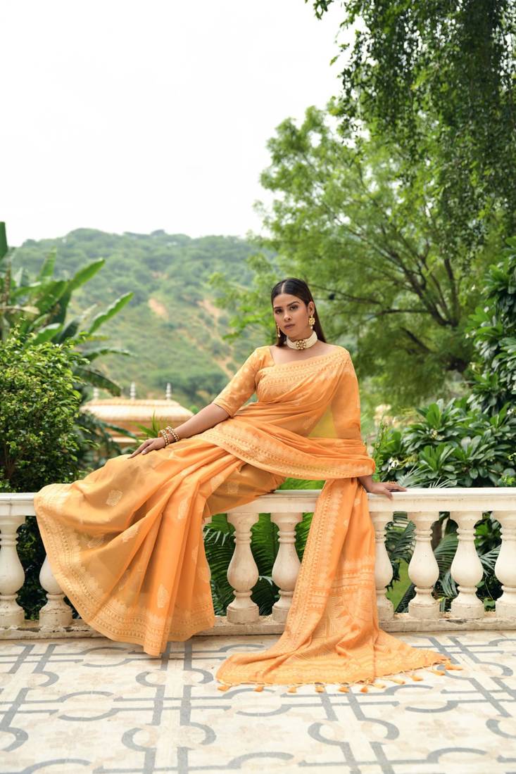 Yellow Beautiful Bollywood Style Lucknowi Chikankari Weaving Saree,