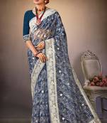 Teal Blue Digital Print Zari Resham Embroidered Organza Silk Party Wear Saree With Blouse Piece