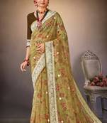 Beige Digital Print Zari Resham Embroidered Organza Silk Party Wear Saree With Blouse Piece