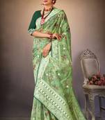 Green Digital Print Zari Resham Embroidered Organza Silk Party Wear Saree With Blouse Piece